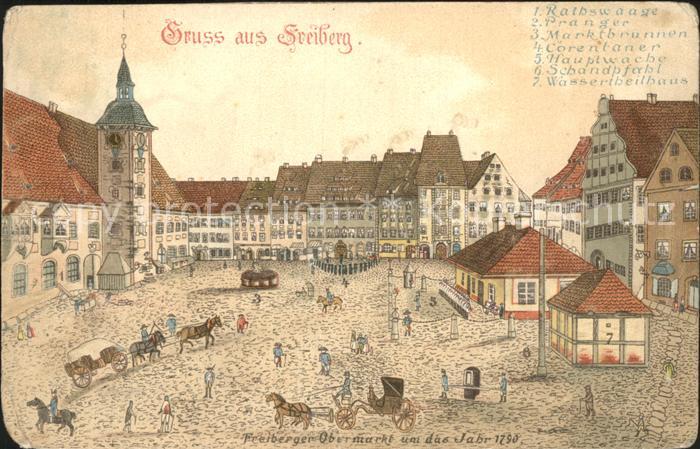 Freiberg Sachsen Obermarkt anno 1790 Litho
