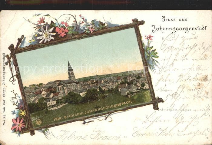 Johanngeorgenstadt Ortsansicht mit Kirche Rahmen Blumen