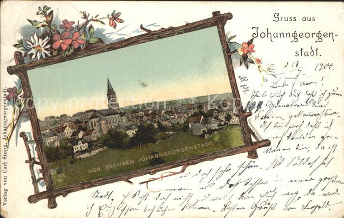 Johanngeorgenstadt Ortsansicht mit Kirche Rahmen Blumen