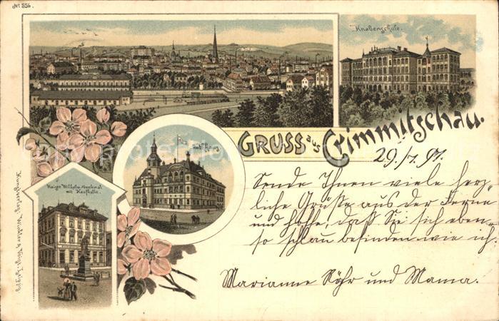 Crimmitschau Gesamtansicht Knabenschule Rathaus Kaiser Wilhelm Denkmal Kaufhalle