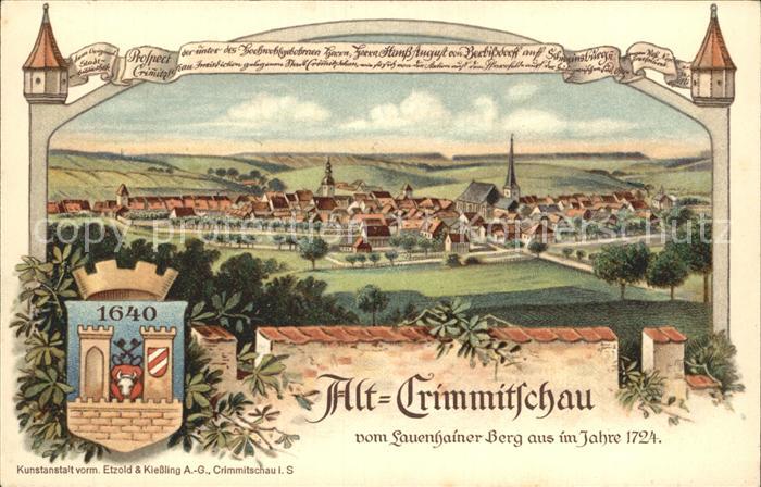 Alt Crimmitschau vom Lauenhainer Berg aus anno 1724 Wappen Offizielle Postkarte