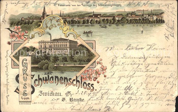 Zwickau Sachsen Panorama Schwanenschloss Litho Reichspost