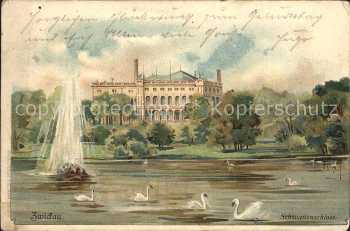 Zwickau Sachsen Schwanenschloss Teich Fontaene Schwaene Bahnpost Kuenstlerkarte