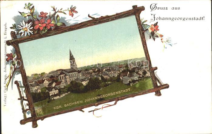 Johanngeorgenstadt Ortsansicht mit Kirche Rahmen Blumen