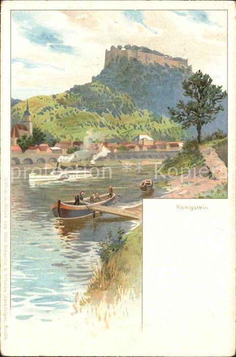 Koenigstein Saechsische Schweiz Uferpartie an der Elbe Festung Kuenstlerkarte