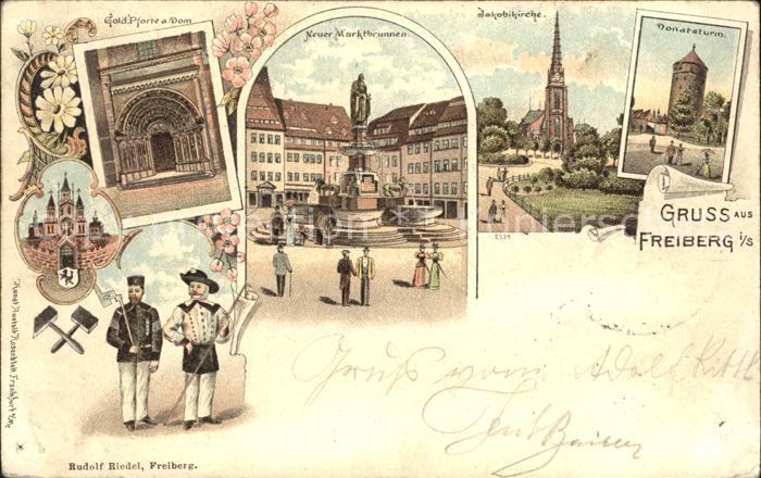 Freiberg Sachsen Pforte Dom Marktbrunnen Jakobikirche Donatsturm Reichspost Lith