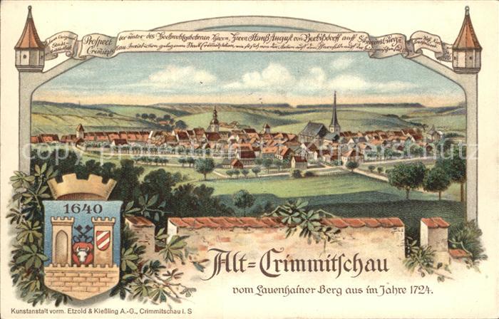 Alt Crimmitschau vom Lauenhainer Berg aus anno 1724 Offizielle Postkarte Stadtre