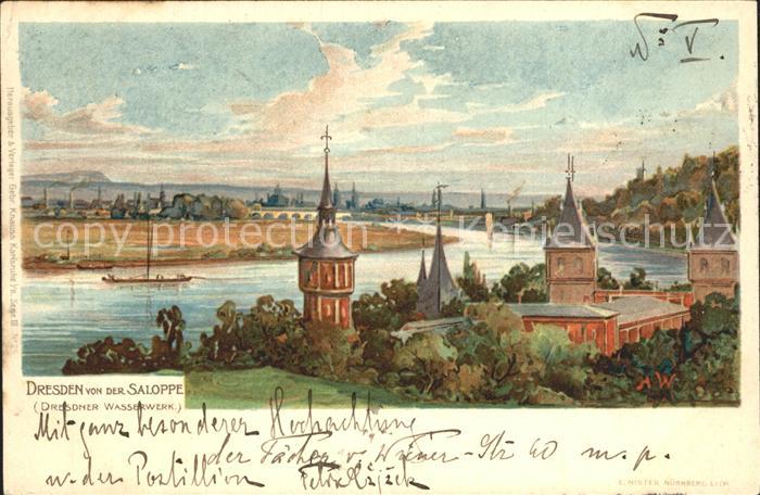 DRESDEN Elbe Ansicht von der Saloppe aus Dresdner Wasserwerk Reichspost Kuenstle