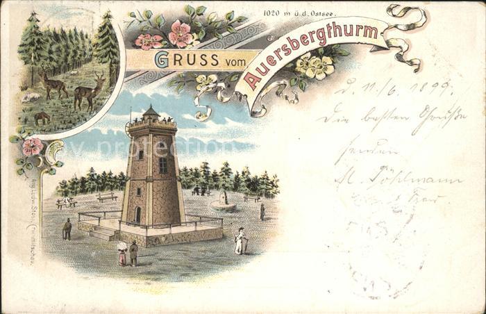Eibenstock Auersbergturm Aussichtsturm Rehe Waldpartie Reichspost Litho