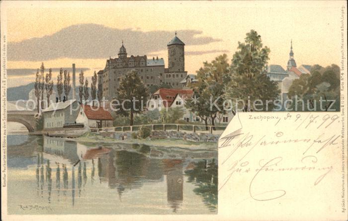 Zschopau Partie am Fluss Schloss Kuenstlerkarte
