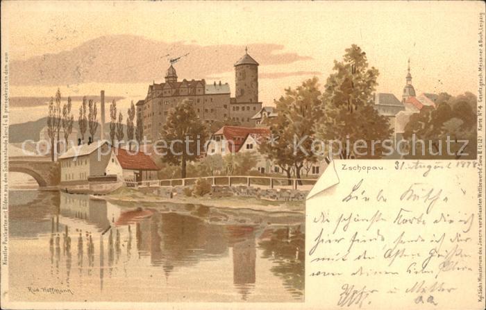 Zschopau Partie am Fluss Schloss Kuenstlerkarte