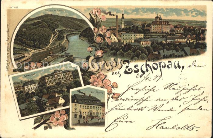 Zschopau Banhof Seminar Rathaus Stadtbild mit Kirche und Schloss Litho
