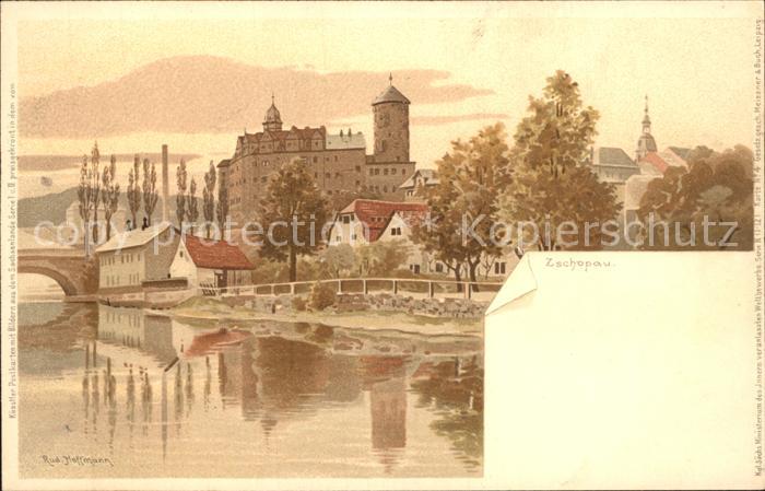Zschopau Partie am Fluss Schloss Kuenstlerkarte