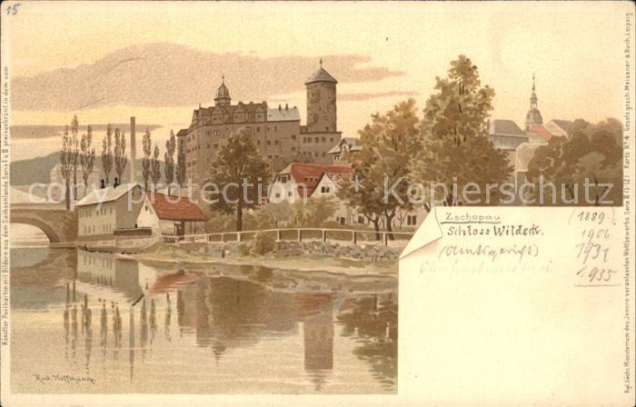 Zschopau Partie am Fluss Schloss Wildeck Kuenstlerkarte