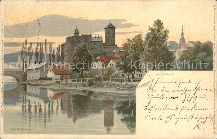 Zschopau Partie am Fluss Schloss Wildeck Kuenstlerkarte