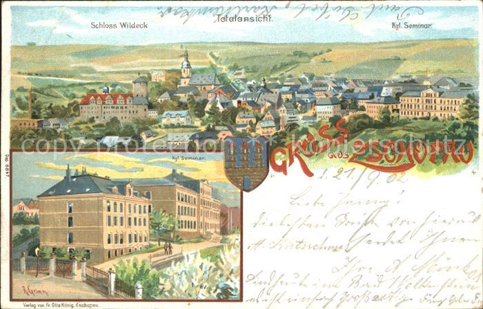Zschopau Stadtbild mit Schloss Wildeck Kgl Seminar Kuenstlerkarte