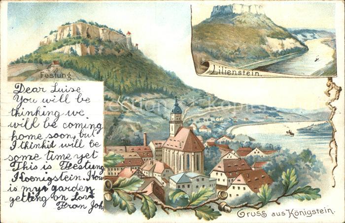 Koenigstein Saechsische Schweiz Ortsansicht mit Kirche Elbetal Festung Lilienste