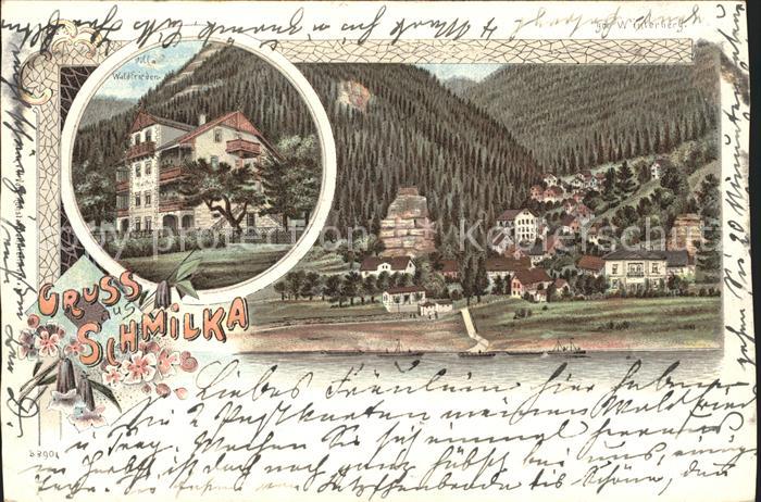 Schmilka Ortsansicht Villa Waldfrieden Reichspost Litho