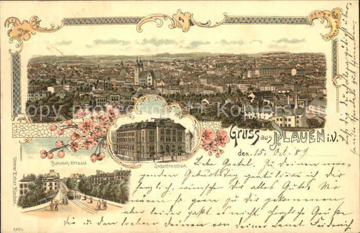 Plauen Vogtland Stadtbild mit Kirche Industrieschule Bahnhofstrasse Litho