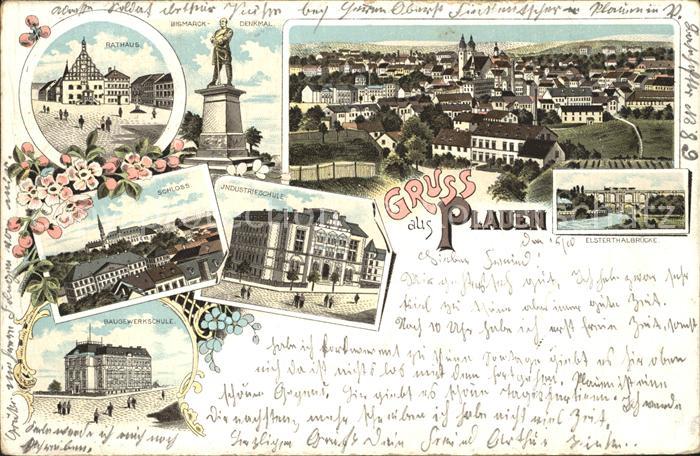 Plauen Vogtland Stadtbild mit Kirche Rathaus Bismarckdenkmal Schloss Schule Elst
