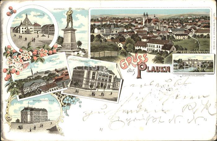 Plauen Vogtland Stadtbild mit Kirche Rathaus Bismarckdenkmal Schloss Schule Elst