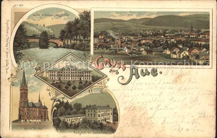 Aue Erzgebirge Schwarzwassertal Eisenbahnbruecke Schule Kirche