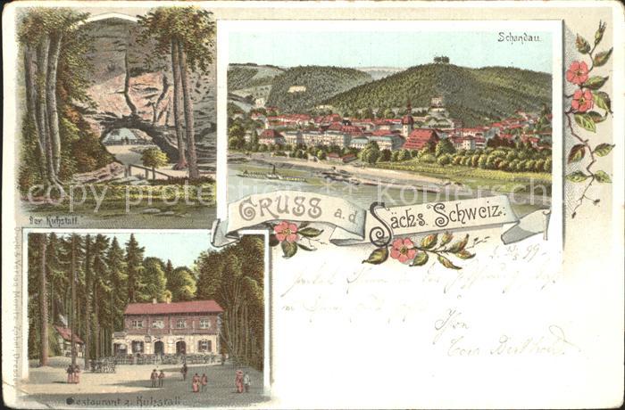 Schandau Bad Panorama Kuhstall Felsformation Restaurant Reichspost Litho