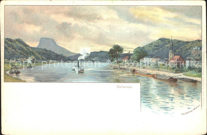 Schandau Bad an der Elbe Lilienstein Elbsandsteingebirge Kuenstlerkarte W Muelle