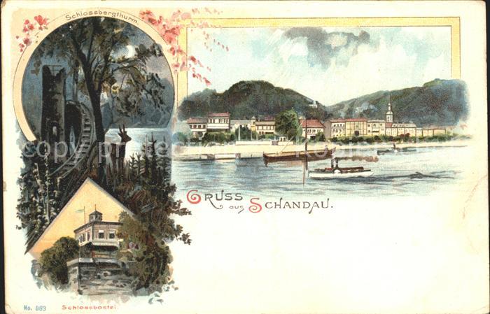 Schandau Bad Partie an der Elbe Schlossbergturm Schlossbastei Kuenstlerkarte