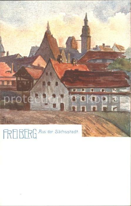 Freiberg Sachsen Ortsansicht mit Kirche Kuenstlerkarte