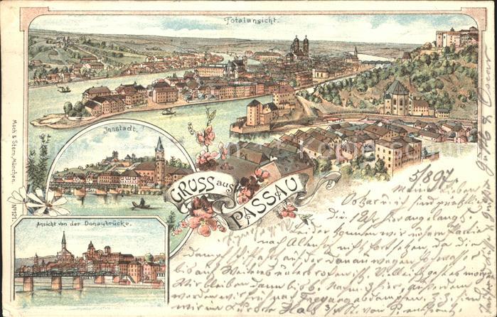 PAssAU Bayern Totalansicht Innstadt Donaubruecke Litho