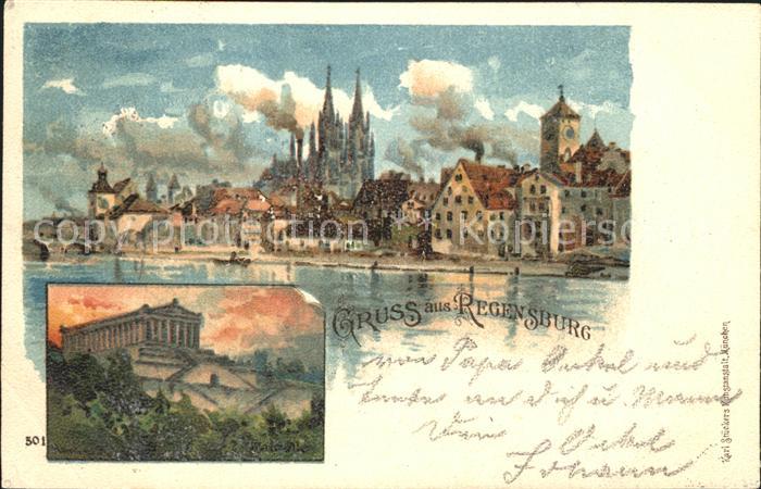 REGENSBURG Bayern Ansicht mit Dom Walhalla Ruhmeshalle Kuenstlerkarte