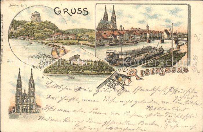 REGENSBURG Bayern Befreiungshalle Walhalla Ruhmeshalle Donau Dampfer Dom Litho