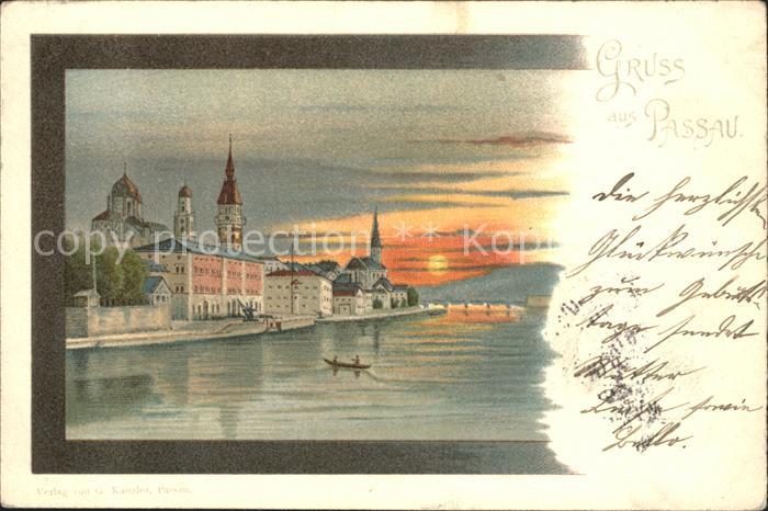 PAssAU Bayern Dreifluessestadt bei Sonnenuntergang Kuenstlerkarte