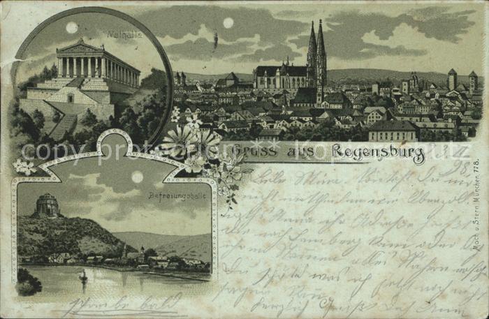 REGENSBURG Bayern Stadtbild mit Dom im Mondschein Walhalla Befreiungshalle