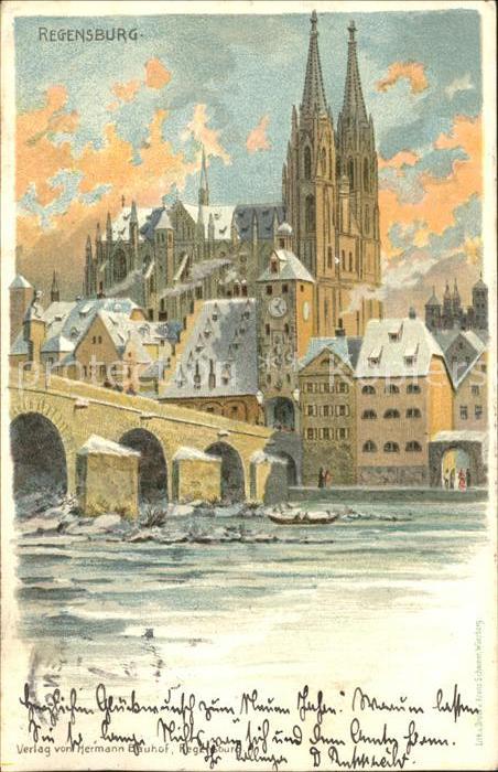 REGENSBURG Bayern Donaubruecke Dom Kuenstlerkarte