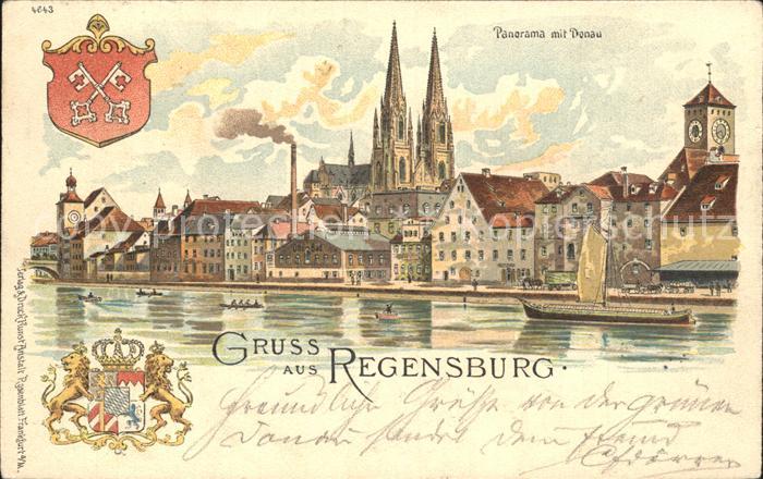 REGENSBURG Bayern Panorama mit Donau Dom Wappen Krone Kuenstlerkarte