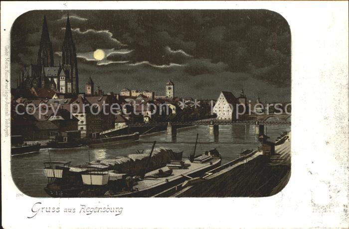 REGENSBURG Bayern Donau Frachtkahn Bruecke Dom im Mondschein