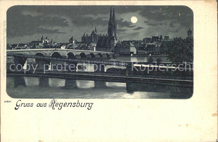REGENSBURG Bayern Stadtbild mit Dom Donaubruecke im Mondschein