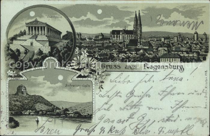 REGENSBURG Bayern Stadtbild mit Dom Walhalla Befreiungshalle im Mondschein