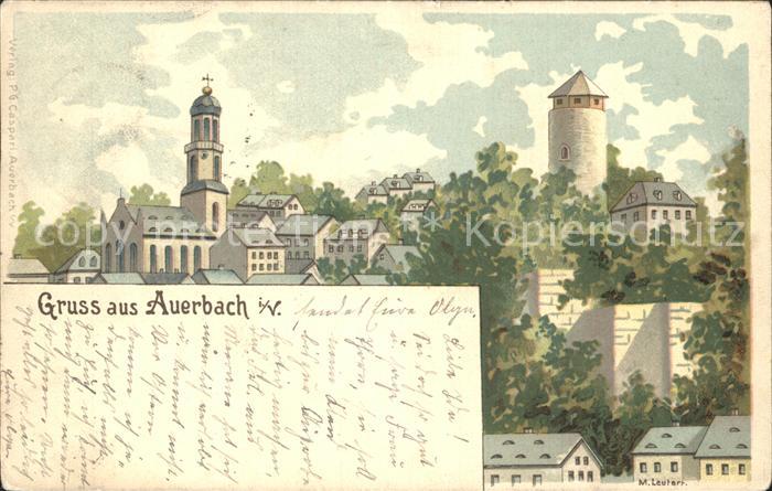 Auerbach Vogtland Ortsansicht mit Kirche Turm Kuenstlerkarte