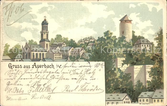 Auerbach Vogtland Ortsansicht mit Kirche Turm Kuenstlerkarte