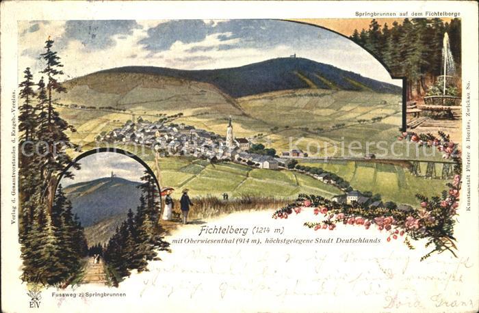 Oberwiesenthal Erzgebirge Panorama mit Fichtelberg Springbrunnen Fussweg zum Spr