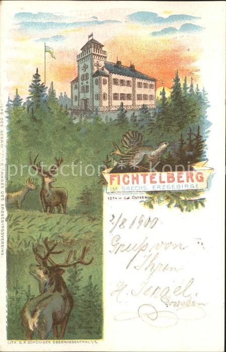 Oberwiesenthal Erzgebirge Fichtelberg Unterkunftshaus Hirsche Litho