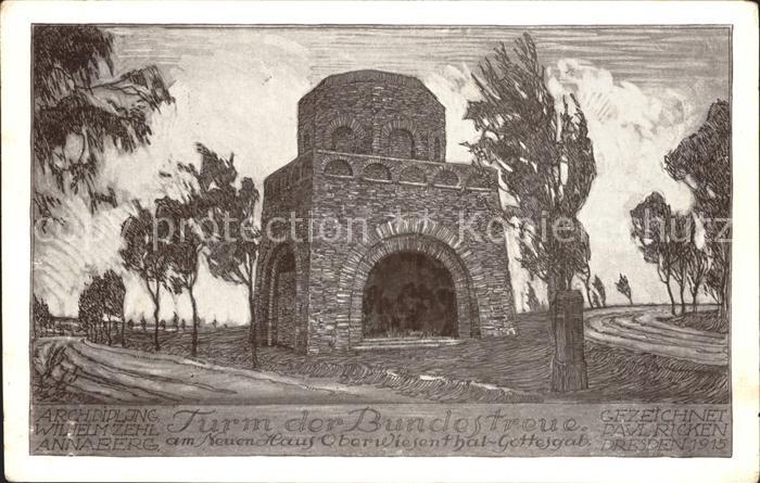 Oberwiesenthal Erzgebirge Turm der Bundestreue Zeichnung Kuenstlerkarte Ricken
