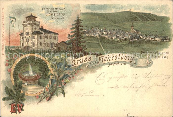 Oberwiesenthal Erzgebirge Panorama mit Fichtelberg Unterkunftshaus Springbrunnen