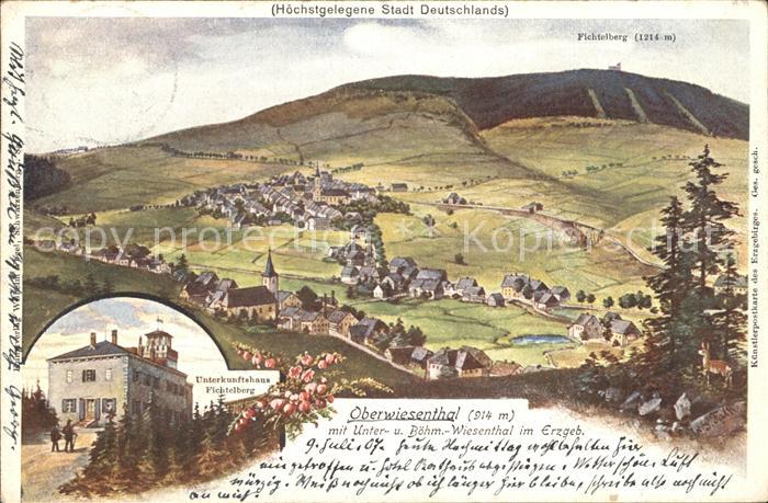 Oberwiesenthal Erzgebirge Panorama mit Fichtelberg Unterkunftshaus Kuenstlerkart