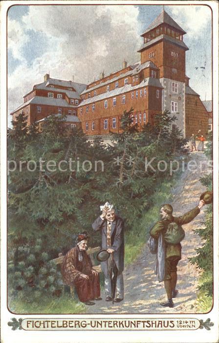 Oberwiesenthal Erzgebirge Fichtelberg Unterkunftshaus Wanderer Kuenstlerkarte