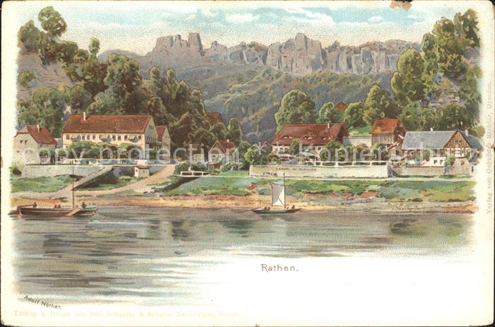 Rathen Saechsische Schweiz Elbe Ufer Elbsandsteingebirge Kuenstlerkarte Werbung