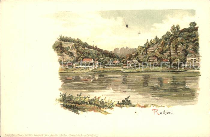 Rathen Saechsische Schweiz Uferpartie an der Elbe Kuenstlerkarte